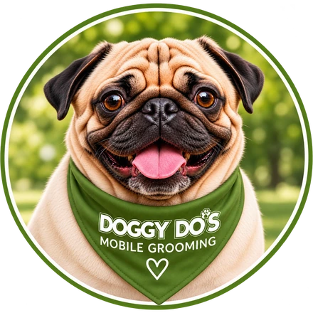 Doggy Do's hero circle - pug in branded bandana